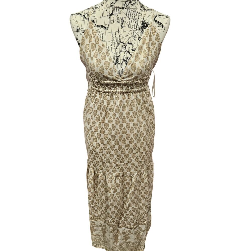 Sim & Sam maxi sun dress large medium linen coastal Plunge smocked boho beige